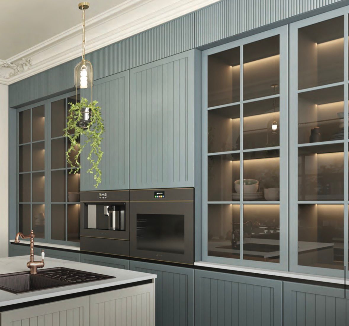 Blue Shaker Kitchen with Glass Display, Kanpur